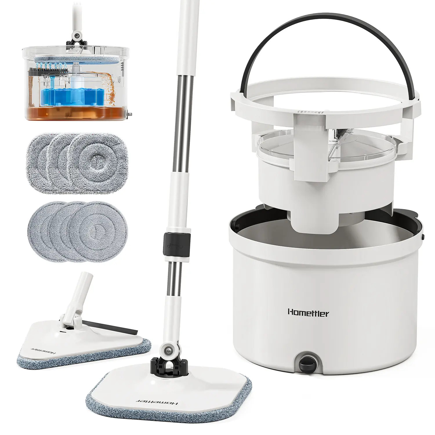 Homettler Self-Wringing Rotating Spin Mop and Bucket Set - Square Mop with Detachable Inner Bucket, Separate Dirty-Clean Water System, 4 Soft Microfiber Pads, Stainless Steel & Rubber Floor Cleaning Components