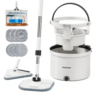 Homettler Self-Wringing Spin Mop and Bucket Set - Square Mop with Detachable Inner Bucket, Separate Dirty-Clean Water System, 4 Microfiber Pads, Stainless Steel & Rubber Floor Cleaning Components hard steam