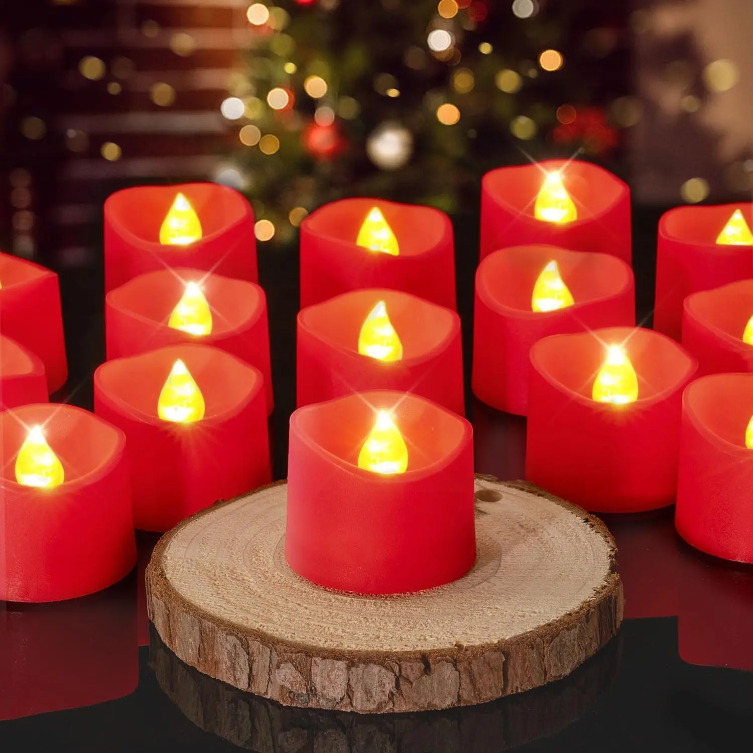 Pack of 24 Polypropylene Red Flameless Flickering LED Tealights, Battery-Operated (200+ Hours) for Halloween Decor, Wedding Decor, Valentine's Day (Home & Festive Party Supplies, Cake Decorations)