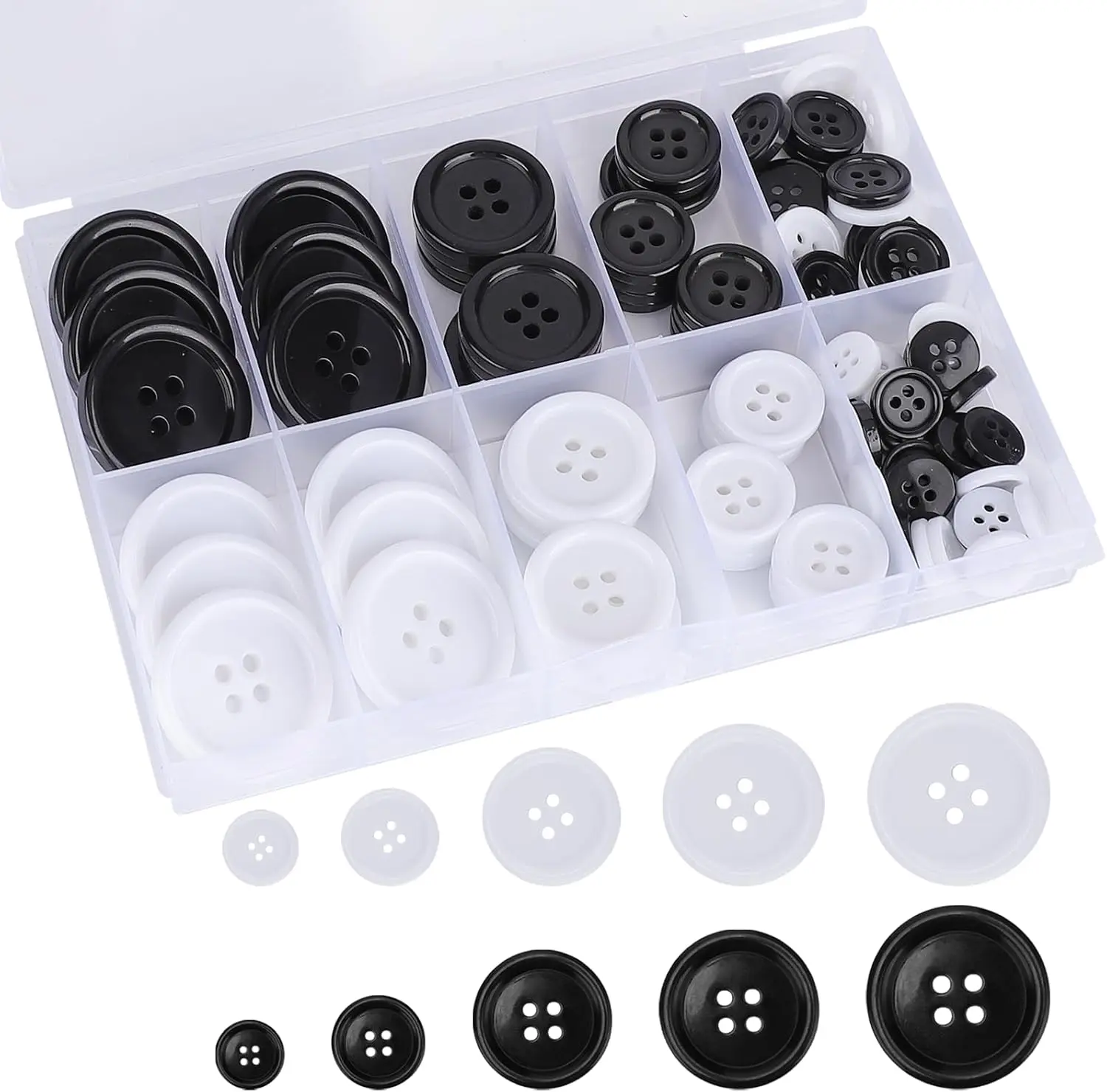 100 count  Mixed  Sewing Buttons,   4-Hole Craft Buttons, 5 Sizes of Black Buttons Suitable for Sewing, DIY and Holiday Decoration(Black & White)