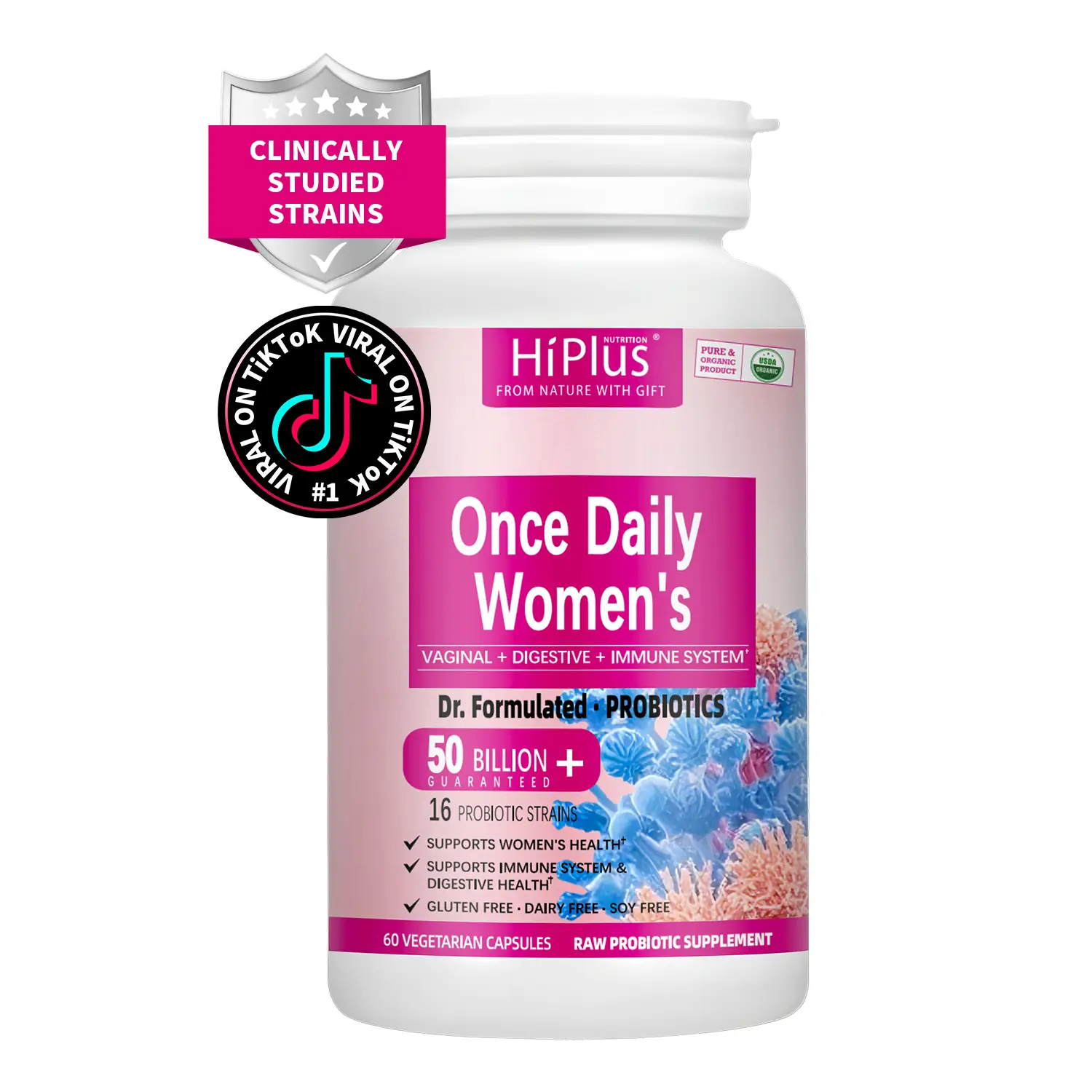 Women's pH Balanced Probiotic, 50 billion CFU, 16 probiotic strains. Organic probiotic triple action to support digestive, intimate and immune health.