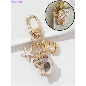 Beach Ocean Themed Shell Starfish Keychain Gold Pearl Seashell Bag Charm Pendant Coastal Summer Decorative Key Ring Durable Purse Accessory for Backpack Handbag Outdoor Vacation Casual Daily Use