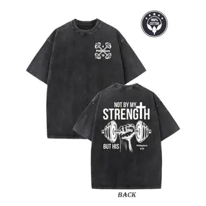 vintage Unisex heavyweight 230g pure cotton T-shirt - 'Not by my strength, but by His' double-sided printed cross and dumbbell pattern,
