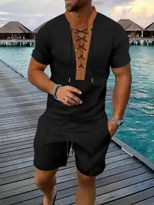 2026 Men's Casual Lace Up Short Sleeve Shirt and Shorts Two Piece Set Solid Color Regular Fit Fashion Breathable Summer Outfits Cozy Lounge Daily Wear Beach Vacation