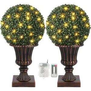 16” Artificial Plant Topiary Ball, Pre-Lit Artificial Topiary Plant with Lights, Timer and Remote Control, Artificial Outdoor Porch Trees with Light Base for Outdoor Indoor Red Decor Decorative