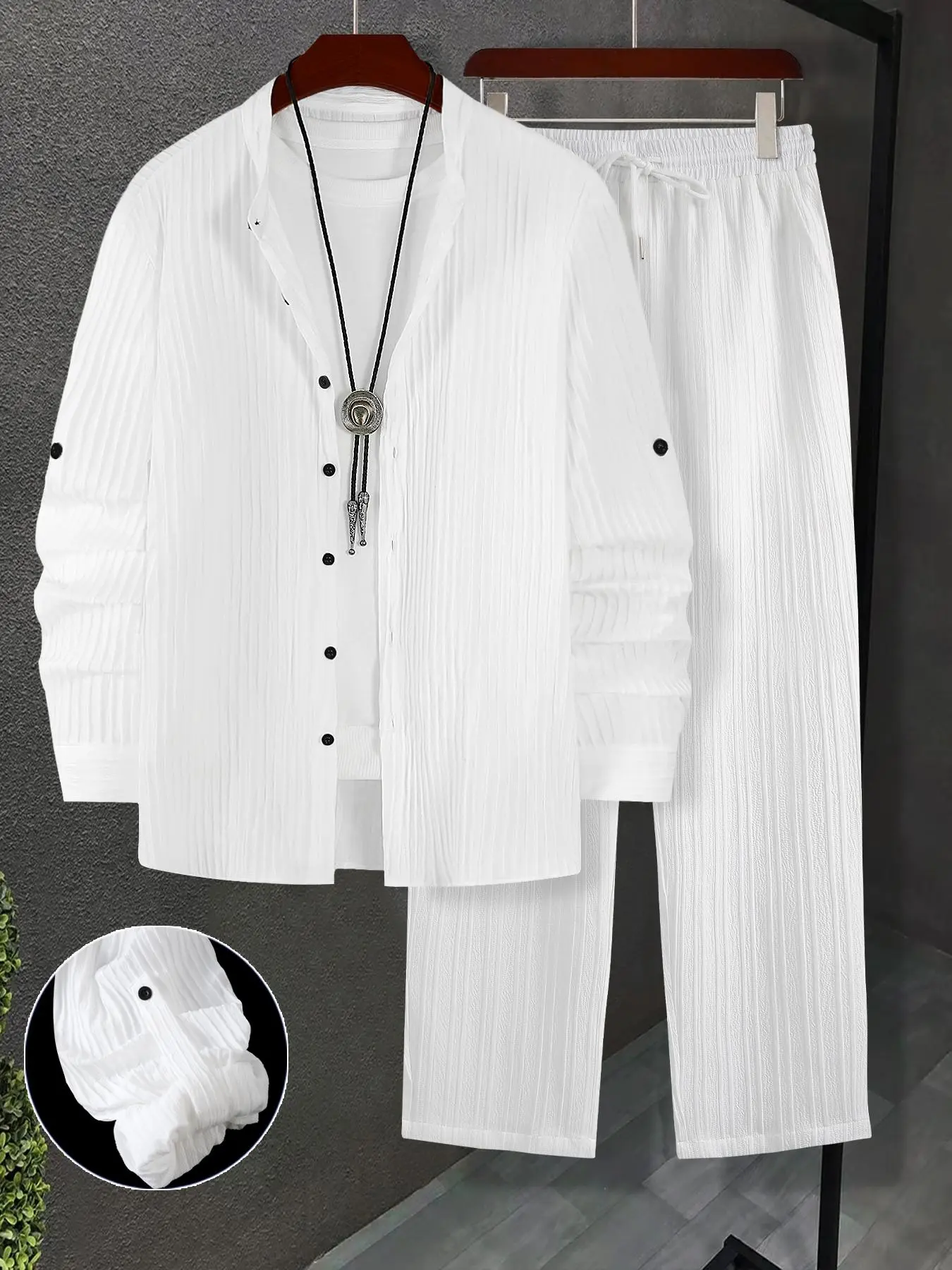 Men's Classic Textured Solid Color Button Front Shirt & Straight Leg Pants Two-piece Set, Casual Long Sleeve Top & Trousers for Daily Wear, Men's Two-piece Outfits for All Seasons