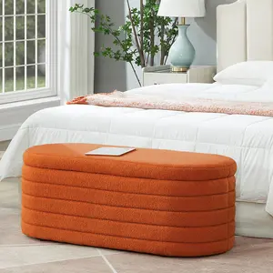 Modern Oval Storage Ottoman Bench Upholstered Boucle Teddy Fabric End of Bed Bench with Storage End of Bed Stool with Safety Hinge for Bedroom Living Room Entryway Orange