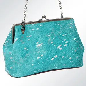American Darling Clutch Bag Hair-On Cowhide Genuine Leather Western Pouch with Vintage Frame and Chain Strap