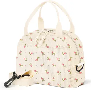 Lunch Box for Women,Floral Lunch Cute Corduroy Insulated Lunch Box With Shoulder Strap for Adult Womens for Work Picnic (small floral)