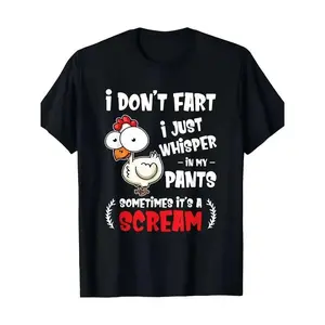 Funny Chicken Lover T-shirt-I don't fart, I just whisper in my pants-machine washable, black with cartoon cock print, vintage style, daily wear, for Couples, durable heavy
