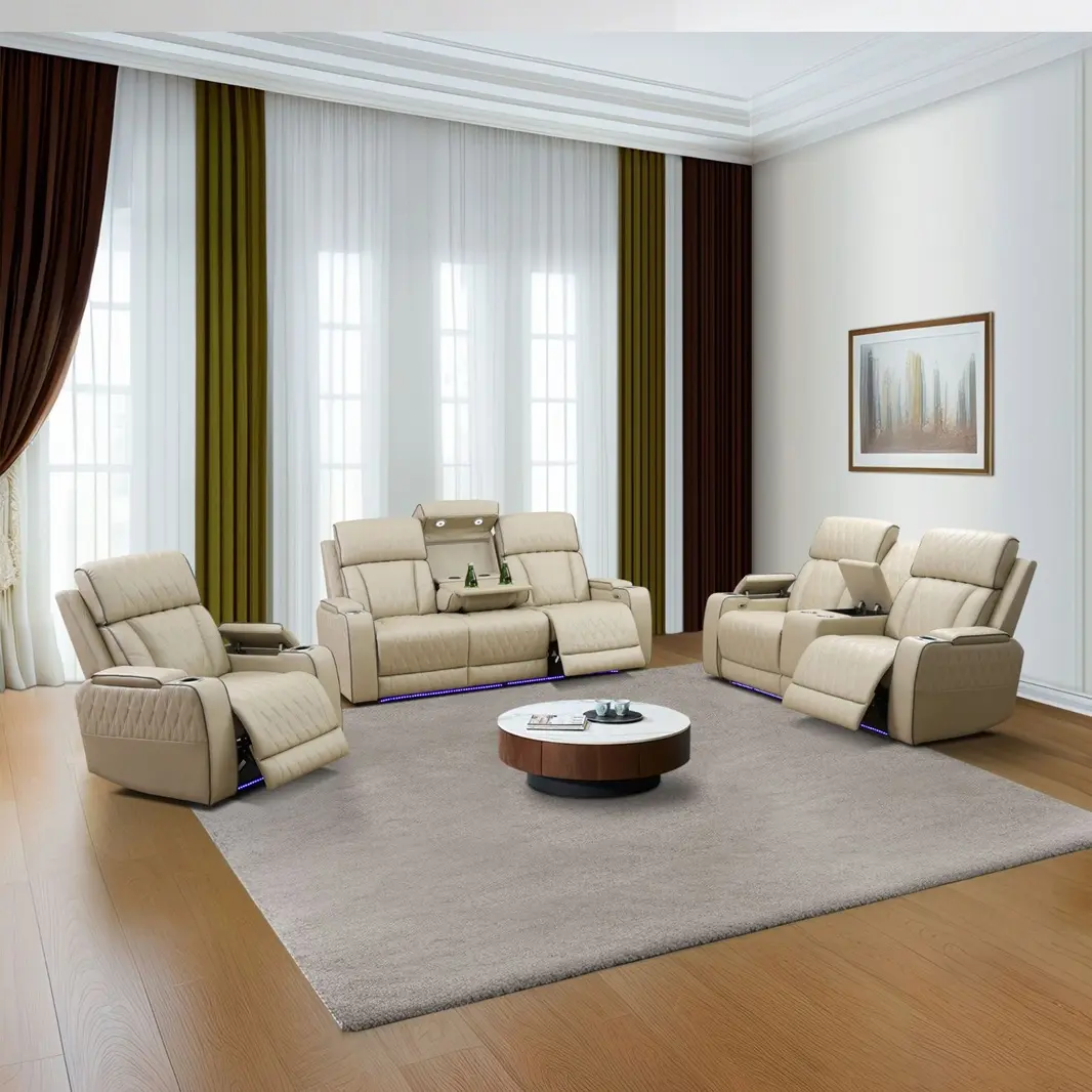 71"w-40"d-41"h Wood 3-Piece Indoor Living Room Power Recliner Set - Dual-Recline Sofa, Loveseat, Chair, Breathable Faux Leather, Built-In USB Ports, Vibration-Free Adjustable Settings, Ideal for Watch Parties