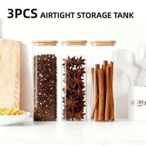 3-piece glass storage jar 73 ounces 2250ml, sealed kitchen food jar transparent cylindrical storage sealed container, with lid, used for canned cereal, pasta, noodles, flour, gift set