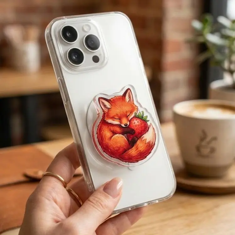 Cute Fox Hugging Strawberry MagSafe Phone Grip – Magnetic Phone Holder & Kickstand – Cozy Cottagecore Accessory