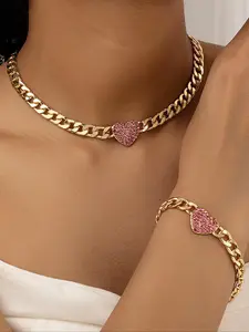 Women's Elegant Fashion Rhinestone Decor Heart Design Jewelry Set, Casual Trendy Bracelet & Pendant Necklace, Fashion Accessories for Daily Wear, Glamour Set, Fashionable Jewelry Set
