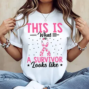 This Is A Survivor Looks Like Pink Ribbon Breast Cancer Awareness Print T Shirt White Casual Loose Fit Top For Women Suitable For Everyday Wear And Light Activities