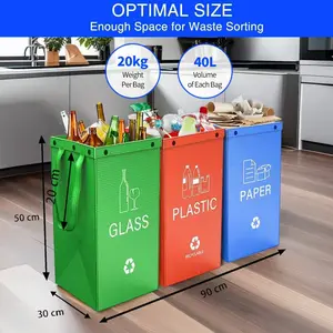 3-Pack Heavy-Duty Recycling/Storage Bags, ideal for the kitchen, garage, and camping; 40-Liter Foldable Recycling Bin with Handles—waterproof and reusable, suitable for plastic, paper, and glass