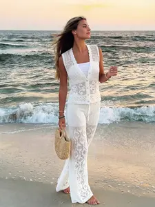 Elegant Women's Spring Summer Casual Fitted Knit Sleeveless Vest Set, V-Neck Hollow Out Crochet Sweater, Wide Leg Pants Two-Piece Womenswear