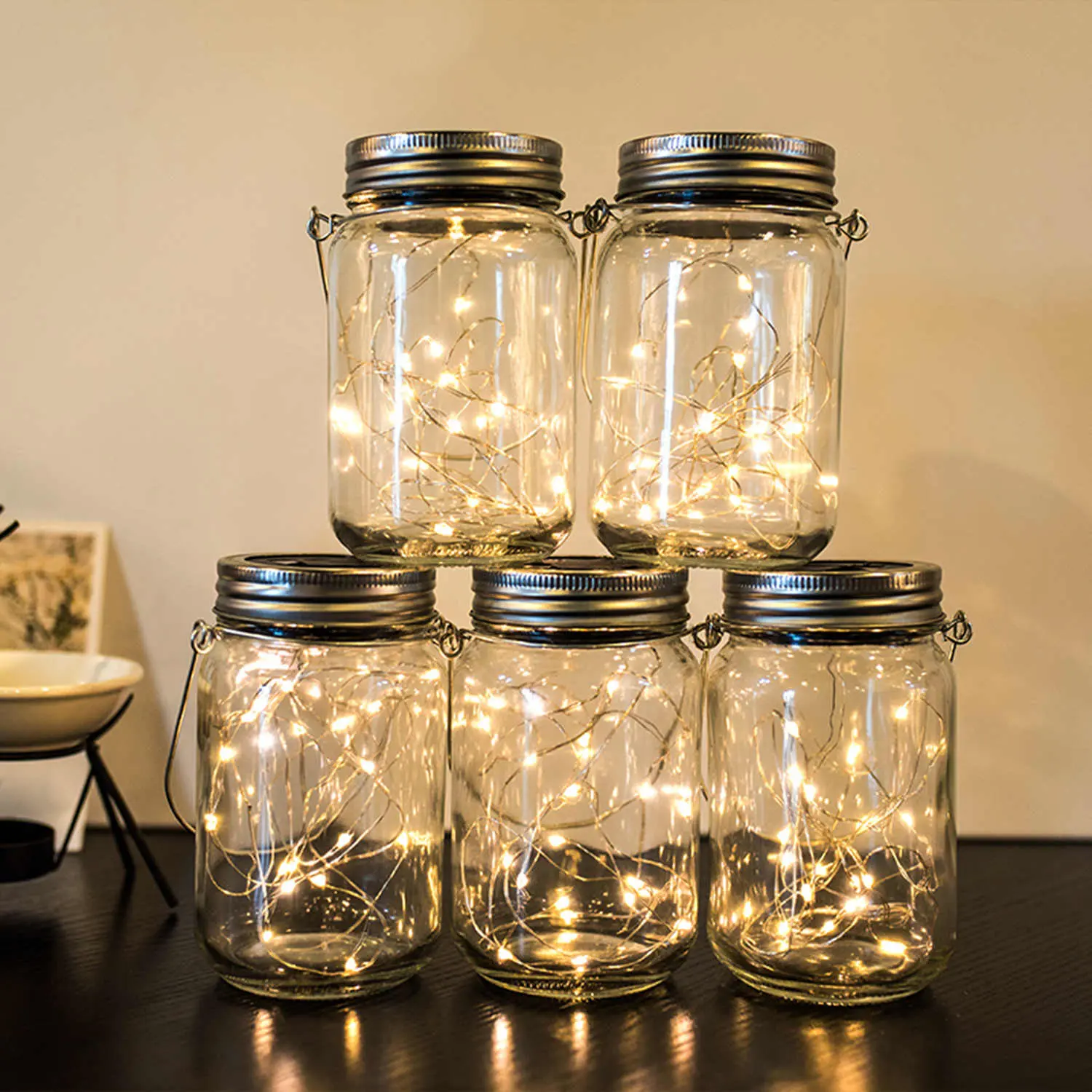 YI LIGHTING Solar Powered Outdoor Hanging Lanterns, Mason Jar Lights with Fairy Lights 30 LEDs for Wedding Garden Patio