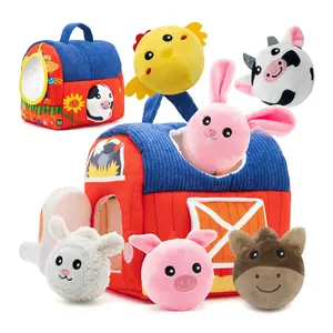 Montessori Sensory Barn Toy Set for Babies, Plush Farm Animals Soft Stuffing & Sorting Toy with Crinkle, Squeak, Mirror and Textured Openings for Fine Motor Skills
