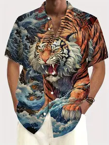 Vintage Japanese Ukiyo-e Tiger Print Casual Graphic Shirt - Men's Short Sleeve Shirt with Button Pocket, Polyester 100% - Regular Fit Casual Summer Shirt for Weekend, Single Breasted, Woven Fabric, 120gsm