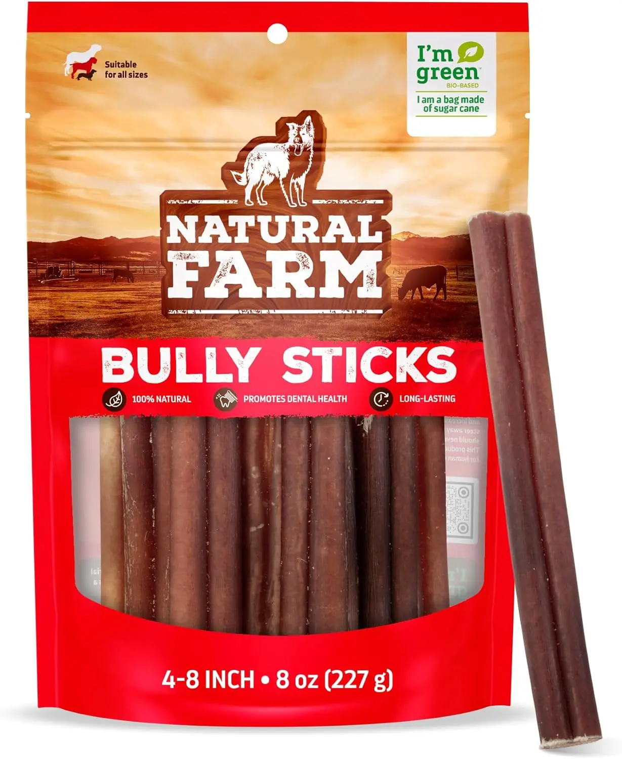 Natural Farm 4-8 Inch Beef Pizzle Bully Sticks Dog Dental Treats - 8oz Pack, 100% Grass-Fed Beef, Long-Lasting, Digestible, Boosts High-Quality Protein, Low in Fat, Supports Coat & Brain Health, Enhances Muscle Tone, No Preservatives, Fully Digestible, Od