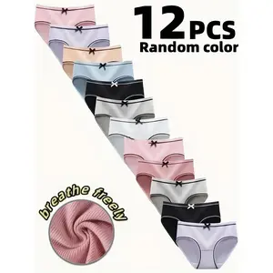 12 Pack Girls' Cute Striped Triangle Panties with Front Bow - Breathable Stretchy Underwear for Teens, Medium Support, Machine Washable, Assorted Colors for Casual Sports & Casual Attire, Cute Panties, Playful Girls' Apparel, Comfortable Fit