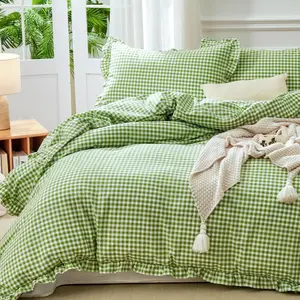 Ruffle Gingham Duvet Cover Queen Size Green/White,100% Cotton,Checkered Gingham Comforter Cover Set,3-Piece Vintage Bedding,90"*90"