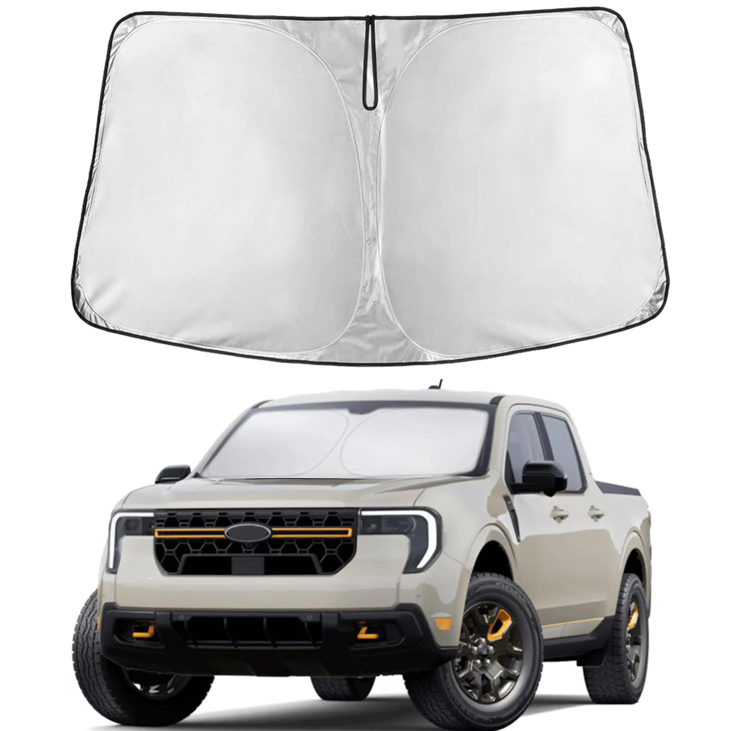 EcoNour Custom Fit Windshield Sunshade for 2022-2025 Compact Pickup Trucks, 210T Polyester Silver Coating Heat Blocker, 58x27.5 In Foldable Rollable Sun Visor Shield Front Window, UV Light Filtering Easy-Set-Up Car Interior Accessory with Drawstring