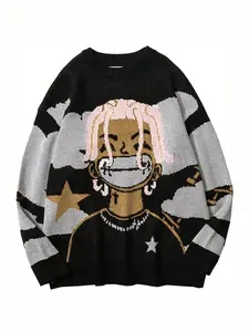 Men's Casual College Style Knit Sweater, Multicolor Cartoon Pattern, Star Cloud Jacquard Design, Round Neck Loose Fit Pullover