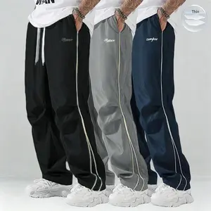 Men's 3-Pack Summer Joggers | Lightweight & Soft | Gold Side Stripes | Loose Straight Fit | Street Style / Workout / Chilled Look | Black / Grey & Other Colours