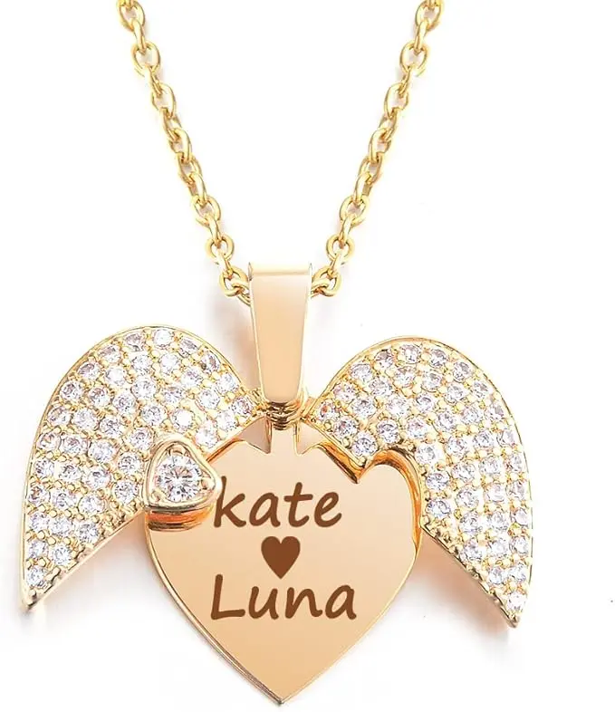 Personalized Angel Wing Locket Necklace for Women Custom Names Heart Shaped Charm with Chain Cubic Zirconia Memorial Jewelry Gifts for Mom