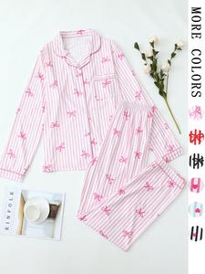 women's all over bow print button front longsleeves shirt & pants, lady casual long sleeve lapel neck top & trousers, women's sleepwear for spring & fall, women's pajamas set, loungewear, womenswear, pyjamas, matching pj set, summer pajamas set