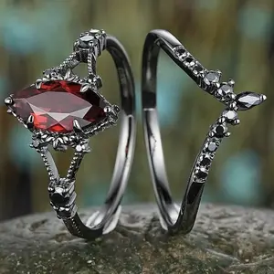 Red Zircon Ring Vintage Lava Marquise Gun Black Matching Ring for Women Unique Dark Ring Statement Jewelry
