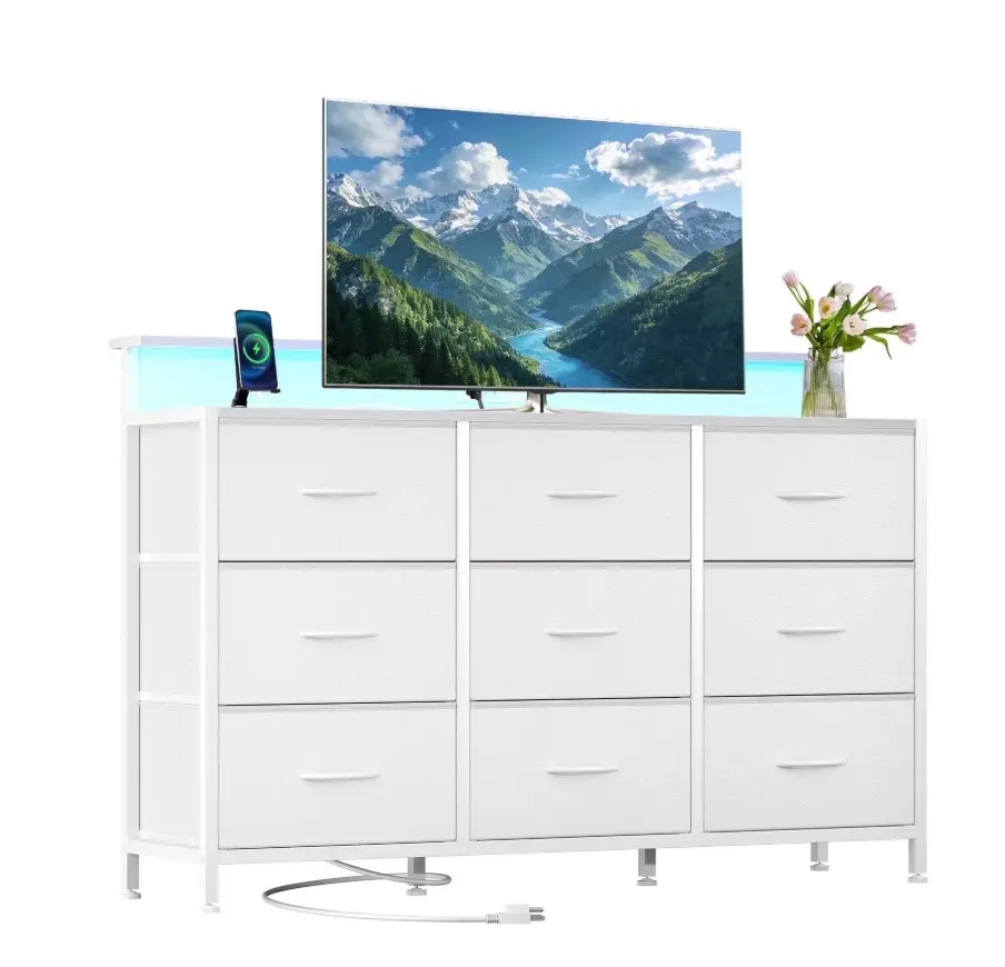 9-Drawer Fabric Dresser TV Stand, Multifunctional Storage Cabinet with Power Outlets & LED Light, White