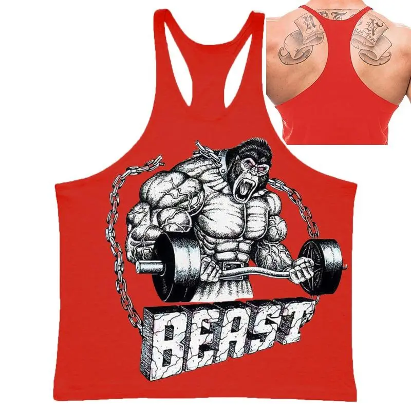 Men's "BEAST" Gorilla Weightlifting Graphic Stringer Tank Top, Bodybuilding Gym Vest, Summer Casual Sleeveless Shirt
