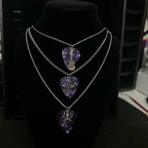Purple Guitar Pick Necklace W/Cross/Spider/Guitar