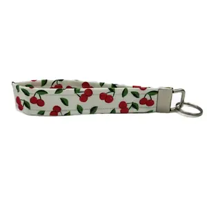 White & Cherry Keychain Wristlet, Key Fob Lanyard, Retro Keychain, Y2K, Handmade