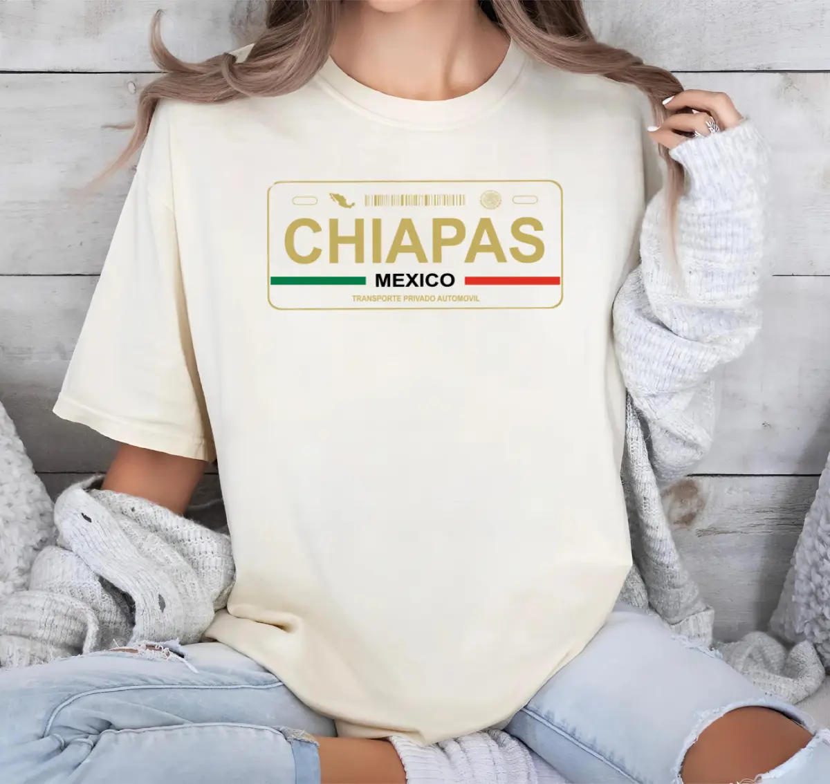 Women's Chiapas Mexico License Plate Graphic T-Shirt, Crew Neck Short Sleeve Slim-Fitting Cotton Top, Full Sizes, Full Colors, Gift For Mexicans