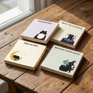 Mystical Black Cat Sticky Notes 4 Pack 200 Sheets 3x3 Inch Cute Witchy Cat Memo Pads Office Supplies Book Accessories Desk Decor Gift for Women Cat Lovers Stocking Stuffers Easter Mother's Day Gift Birthday Gift