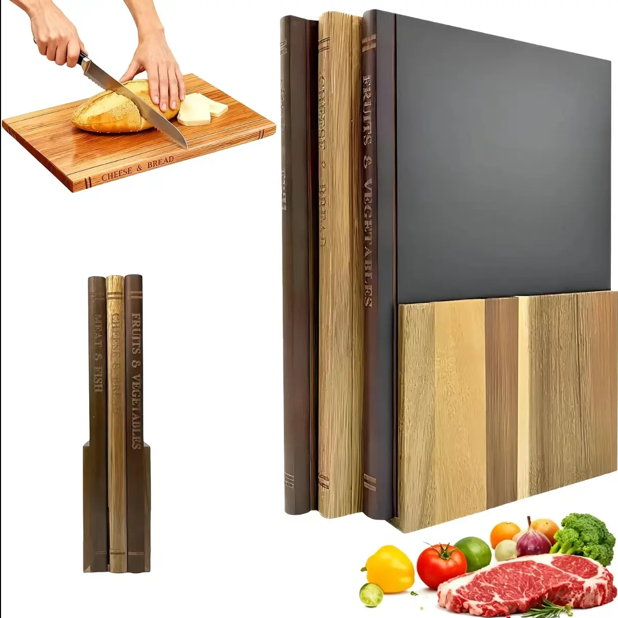 Premium Handcrafted Acacia Wooden Cutting Board - Stylish Rectangle Book-Style Design, Space-Saving Vertical Surface for Chopping Vegetables, Meat, Dishwasher Safe Kitchen Supplies, Luxury Housewarming Gift