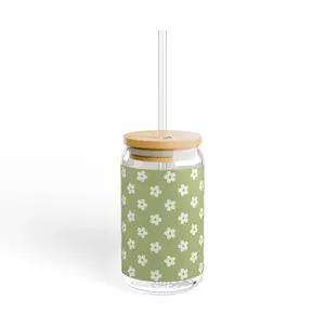 Retro Green Glass with White Flowers Sipper Glass with Lid and Straw, 16oz