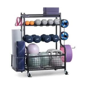 VEVOR Mat Storage Rack, Powder Coated Finish Steel Mat Holder, Home Gym Workout Equipment Organizer with Hooks Wheels, Weight Rack for Foam Roller, Dumbbell, Kettlebell, and Strap