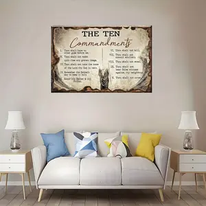 1pc Decorative Patterns On Office Supplies Retro Canvas Walls Jesus Painting Wooden Background The Ten Commandments Wall Art Canvas Motivational Wall Decor - Ready to Hang