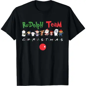 The Red Nosed Reindeer Christmas Matching Family Rudolph Tee T-Shirt, 100% Cotton, Single Side Printed, Black Short Sleeve T-shirt, 1 pc, Christmas Halloween Thanksgiving Gift