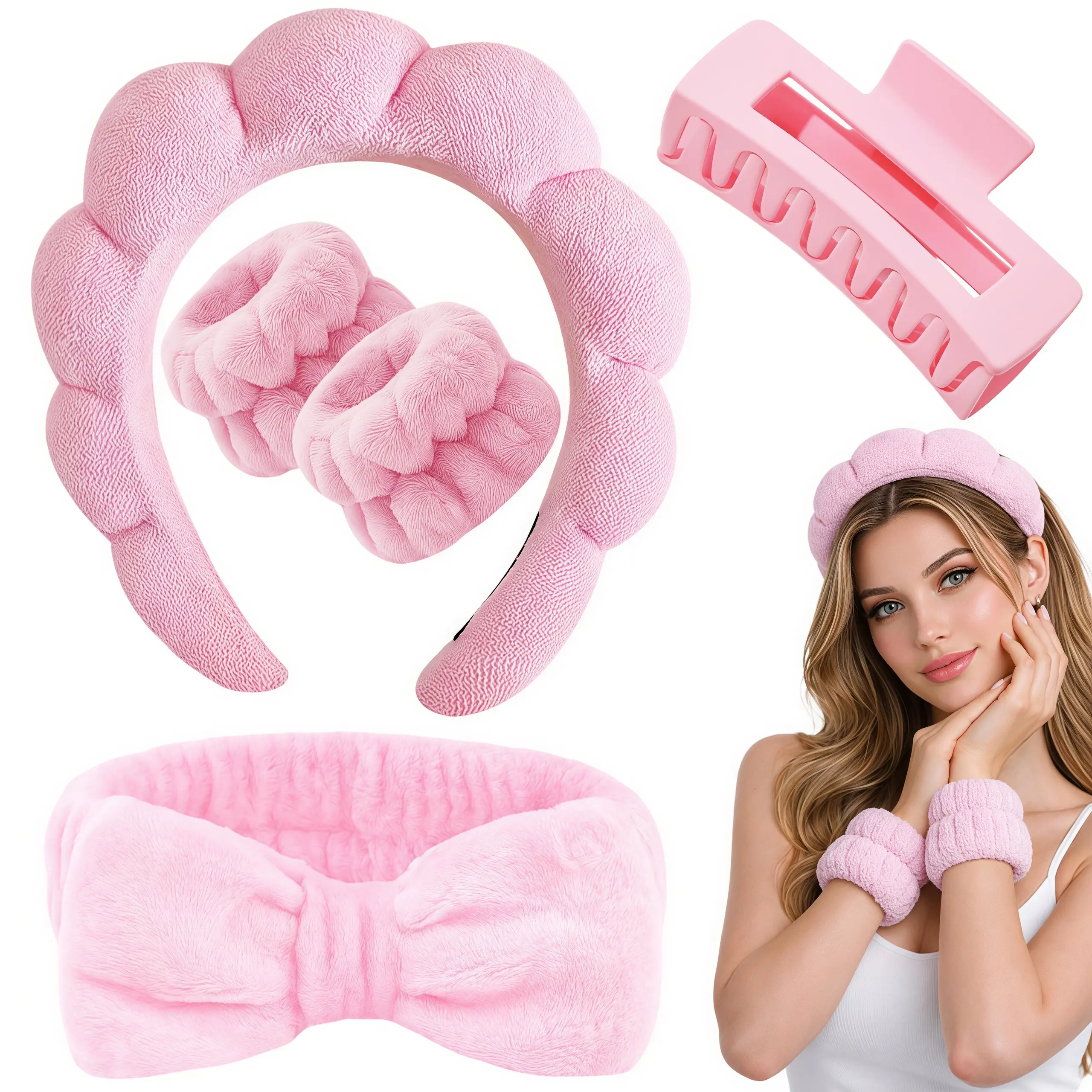 LMMAKE Women's Puffy Clouds Terry Cloth Headbands Set - 2 Fabric Wristbands, Ultra-Absorbent, Non-Slip Inner Grip, for Female Dry Hair, Facial Cleansing, Applying Masks