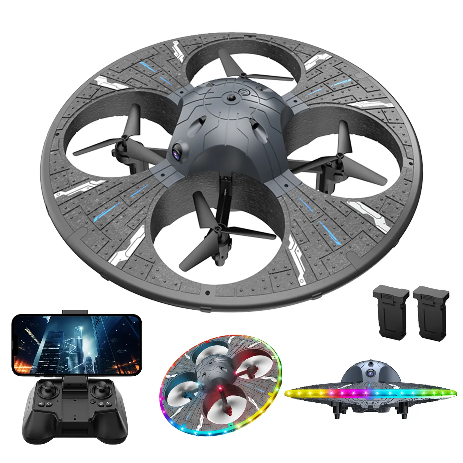 UFO Remote Control Foam Drone with Colorful LED Lights, RC Flying Toy Helicopter with Auto Hover, 2 Batteries, 15 Minutes Flight Time, Flying Gift for Boys and Girls Ages 6-12 Gesture WiFi