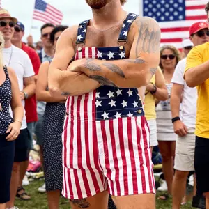 Unisex American Flag Denim Short Overalls, Lightweight Stretch Bib Shorts, Patriotic Outfit for Independence Day Parades and Holiday Gatherings