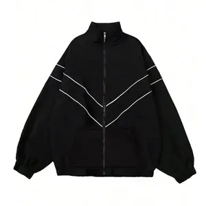 Stand collar zipper jacket with street style, oversized fit for a loose white line decoration that's eye-catching, dual pockets for practicality and convenience, suitable for both men and women for everyday outings, street style, winter cotton jacket