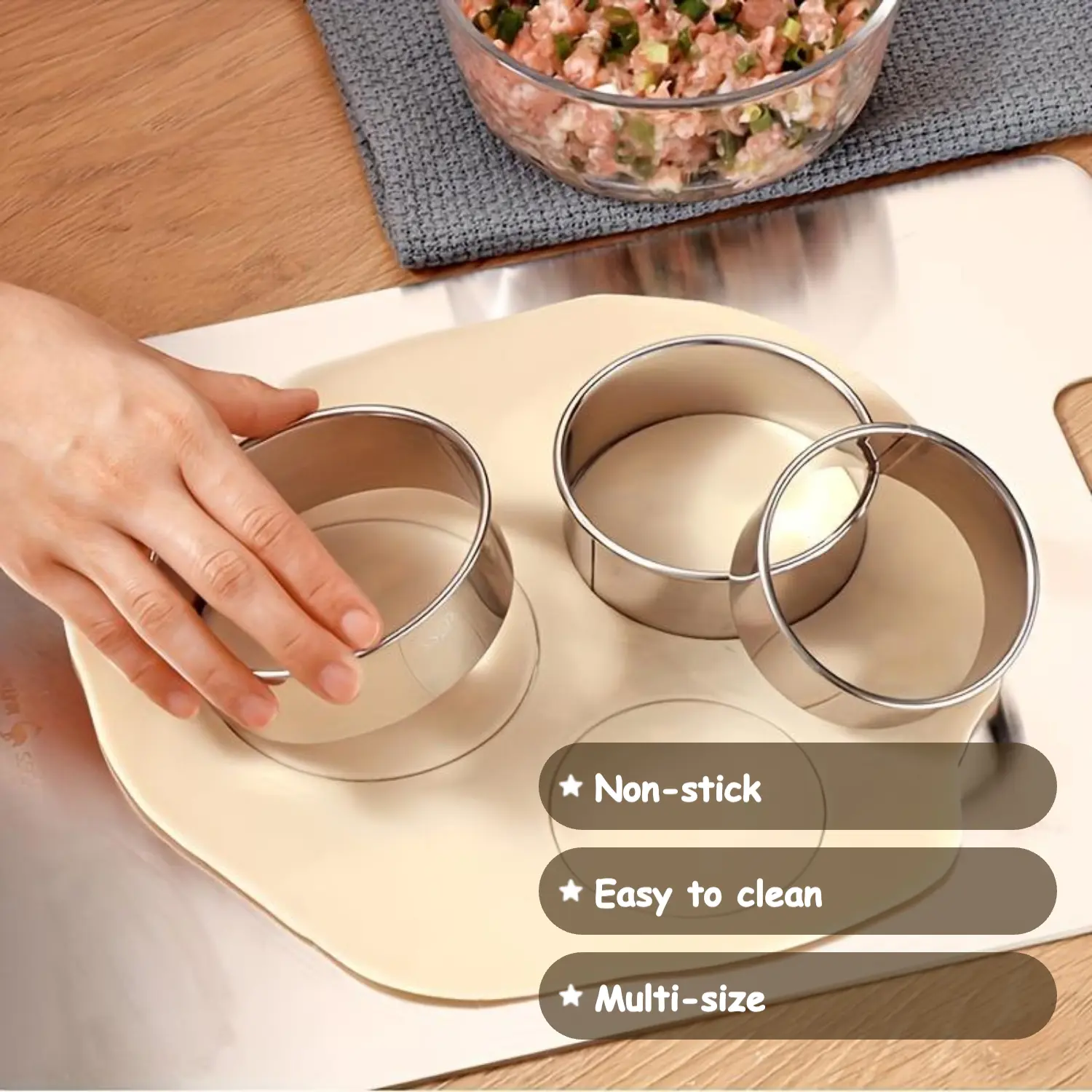 3-Piece Multi-Size Stainless Steel Round Dumpling Mold Set - Non-Stick, Easy-to-Clean Bakeware, Baking Tools, Cookie Cutters Home, Ideal for Chinese Cuisine Preparation