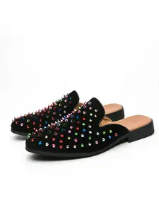 Baotou Men Semi Slippers Suede Heavy Industry Rivet Decoration Fashionable Classic Nightclub Party Slip On Mules Men Slippers